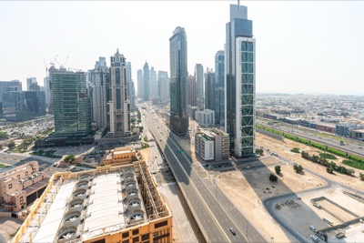 Sweeping daytime view of the Downtown Dubai skyline